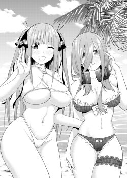 2girls bare_arms bare_shoulders beach bikini blunt_bangs blush bow bow_bikini breasts butterfly_hair_ornament cameltoe choker cleavage closed_mouth cloud collarbone commentary_request cowboy_shot day eyebrows_hidden_by_hair eyelashes fingernails frilled_bikini frilled_straps frills go-toubun_no_hanayome greyscale groin hair_ornament hair_over_one_eye hair_over_shoulder hand_on_another's_back hand_up head_tilt headphones headphones_around_neck highres kosmos_beta large_breasts long_hair looking_at_viewer micro_bikini monochrome multiple_girls nakano_miku nakano_nino navel nose_blush o-ring o-ring_bikini ocean one_eye_closed open_mouth outdoors paid_reward_available palm_tree plaid_bikini plaid_clothes siblings sidelocks sisters skindentation sky smile sparkle stomach straight_hair swimsuit thigh_gap thigh_strap thighs tree two_side_up very_long_hair water wet