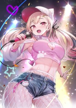 1girl :d asymmetrical_sleeves baseball_cap black_ribbon blonde_hair blue_shorts breasts buttons cleavage cleavage_cutout clothing_cutout commentary commission cowboy_shot fishnet_pantyhose fishnets hair_ribbon hat heart heart_button heart_in_eye high-waist_pantyhose highres holding holding_microphone long_sleeves low_twintails microphone midriff momose_nina navel open_mouth pantyhose pink_tube_top project_nebula red_eyes red_hat ribbon short_shorts shorts shrug_(clothing) skeb_commission smile solo stage_lights strapless symbol_in_eye teddypocky tube_top twintails two-sided_fabric two-sided_headwear uneven_sleeves virtual_youtuber white_hat white_pantyhose white_shrug