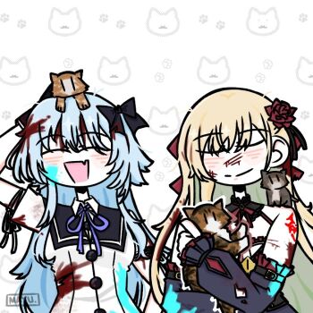 2girls :d ^_^ animal animal_background animal_on_head animal_on_shoulder arm_at_side arm_behind_head arm_ribbon arm_up artist_name assault_lily bare_shoulders belt belt_buckle black_belt black_bow black_collar black_gloves black_sailor_collar black_shirt blonde_hair blood blood_in_hair blood_on_arm blood_on_clothes blood_on_face blue_blood blue_hair blush bow breasts buckle buttons cat cat_on_head cat_on_shoulder closed_eyes closed_mouth collar commentary_request cuts detached_sleeves dirty dirty_clothes facing_viewer fang flower frilled_collar frilled_shirt frilled_sleeves frills gloves hair_between_eyes hair_bow hair_flower hair_ornament hair_ribbon hand_on_own_hip hand_up holding holding_animal holding_cat injury long_hair mayu_(yu_e1602) medium_breasts mori_tatsuki multiple_girls neck_ribbon okada_kisara on_head open_mouth purple_ribbon red_flower red_ribbon red_rose ribbon rose sailor_collar shirt short_sleeves shoulder_tattoo skin_fang sleeve_belt smile tattoo torn_clothes torn_shirt upper_body very_long_hair white_ribbon