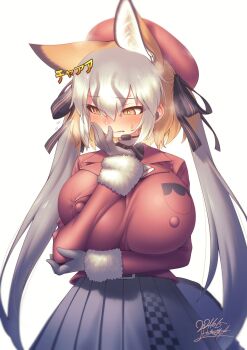 1girl alternate_breast_size_(larger) animal_ear_fluff animal_ears arm_under_breasts belt blush breast_pocket breasts brown_eyes brown_hair buttons covered_erect_nipples dated embarrassed extra_ears flying_sweatdrops fox_ears fox_girl full-face_blush fur-trimmed_sleeves fur_trim furrowed_brow gloves grey_hair grey_skirt hair_between_eyes hair_ribbon hand_on_own_arm hat high-waist_skirt highres huge_breasts impossible_clothes impossible_jacket island_fox_(kemono_friends) jacket kemono_friends kemono_friends_v_project light_brown_hair long_hair long_sleeves looking_down looking_to_the_side multicolored_hair nose_blush parted_bangs pocket red_jacket ribbon sidelocks signature simple_background skirt solo twintails unaligned_breasts very_long_hair virtual_youtuber white_background yoshida_hideyuki