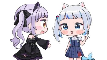 Rule 34 | 2girls, :d, ^^^, animal ear fluff, animal ears, black dress, black sleeves, blue dress, blue eyes, blue hair, blush stickers, brown eyes, cat ears, chibi, commentary request, cube hair ornament, detached sleeves, dress, fins, fish tail, gawr gura, gawr gura (casual), grey hair, hair ornament, heart, heart in eye, highres, hololive, hololive english, juliet sleeves, long sleeves, mochimiko, multicolored hair, multiple girls, murasaki shion, murasaki shion (gothic lolita), open mouth, puffy sleeves, shark tail, side ponytail, simple background, sleeveless, sleeveless dress, smile, streaked hair, symbol in eye, tail, thumbs up, virtual youtuber, white background, wide sleeves