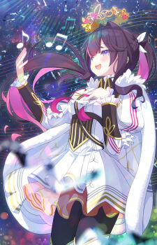 1girl absurdres azki_(hololive) azki_(prima_diva)_(hololive) black_pantyhose blurry blurry_foreground blush bokeh boots braid breasts brown_hair cape center-flap_bangs center_frills colored_inner_hair commentary_request corset cowboy_shot crown depth_of_field double-parted_bangs dress earpiece feather-trimmed_cape feather_trim floating_crown flying_ribbons frilled_sleeves frills fur-trimmed_cape fur_trim gold_trim hair_intakes half_up_braid hand_on_own_chest highres hololive juliet_sleeves long_hair long_sleeves looking_afar looking_ahead mille mole mole_under_eye multicolored_hair music musical_note official_alternate_costume official_alternate_hairstyle open_mouth outstretched_hand overskirt pantyhose pink_hair pink_skirt pink_streaks pleated_dress ponytail puffy_sleeves purple_eyes see-through_skirt_layer shirt short_dress sidelocks singing skirt skirt_under_dress small_breasts smile solo streaked_hair thigh_boots underbust very_long_hair virtual_youtuber white_boots white_cape white_dress white_overskirt white_shirt