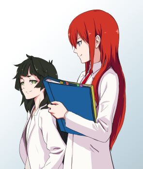 2girls collared_shirt commentary dress_shirt green_eyes green_hair highres hiyajou_maho holding long_hair long_sleeves looking_at_another makise_kurisu multiple_girls necktie purple_eyes red_hair red_necktie science_adventure shirt simple_background smile steins;gate steins;gate_0 tetsu10ru upper_body very_long_hair white_shirt