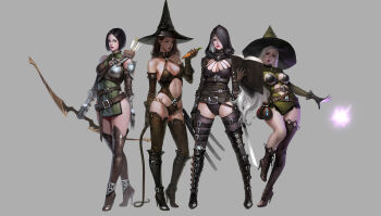 4girls absurdres archery arm_behind_back armor arrow_(projectile) asymmetrical_footwear asymmetrical_gloves bare_hips bare_shoulders belt belt_buckle bikini_armor black_gloves black_hair black_hat blue_eyes book boots bow_(weapon) bowl_cut bra breasts brooch brown_eyes brown_hair buckle carrot cleavage cleavage_cutout closed_mouth clothing_cutout collar contrapposto covered_erect_nipples crossed_legs detached_sleeves earrings elbow_gloves food gloves green_eyes green_hat hat hat_over_one_eye high_heel_boots high_heels highres hip_bones holding holding_book holding_food holding_sword holding_weapon holding_whip hood j._won_han jacket jewelry lace_trim leather leather_boots leather_jacket leg_up legs_apart leotard long_hair looking_at_viewer magic metal_gloves midriff mismatched_footwear mismatched_gloves multiple_girls navel navel_cutout necklace open_book original panties pauldrons pelvic_curtain potion profile quiver reading sash scabbard sheath sheathed short_hair shoulder_armor side_cutout simple_background skull sleeveless standing strap sword thigh_boots thighhighs tunic underwear very_long_hair wavy_hair weapon whip white_hair witch_hat
