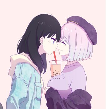 Rule 34 | 2girls, beret, black hair, blue eyes, blue jacket, breasts, bubble tea, bubble tea challenge, commentary, couple, drinking, drinking straw, gridman universe, hat, hood, hood down, hoodie, jacket, large breasts, light blush, long hair, long sleeves, looking at another, medium hair, multiple girls, object on breast, off shoulder, purple hair, purple jacket, purple shirt, red eyes, shinjou akane, shirt, sleeves past wrists, small breasts, smile, ssss.gridman, takarada rikka, usamin (megumikira), yellow hoodie, yuri