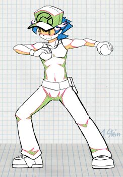 1boy animated animated_gif belt collarbone commentary covered_navel english_commentary fighting_stance full_body gloves grid_background holding holding_poke_ball idle_animation j-stein looping_animation male_focus monochrome nintendo pants pectorals poke_ball pokemon pokemon_sm red_(pokemon) shirt shoes short_hair sleeveless sleeveless_shirt sneakers solo