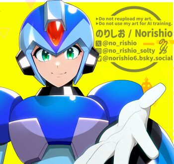 1boy armor blue_armor blue_helmet closed_mouth green_eyes helmet highres male_focus mega_man_(series) mega_man_x_(series) no-rishio simple_background smile solo upper_body watermark x_(mega_man) yellow_background