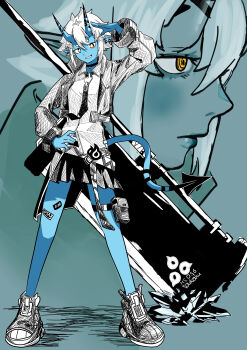 1girl absurdres bandages blue_horns blue_oni blue_skin blue_tail colored_skin demon_tail hair_between_horns hand_to_head hand_up highres horns huge_weapon lolimasdayo looking_at_viewer looking_to_the_side metal_arm_cuffs multicolored_horns necktie oni skin-covered_horns smile soukaku_(zenless_zone_zero) tail two-tone_horns weapon weapon_on_floor zenless_zone_zero