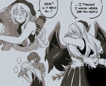 Rule 34 | 3girls, commentary, deer, dress, english commentary, english text, eyes on wings, hair ornament, half mask, highres, hug, iwanaga ariya, leaf, leaf hair ornament, long hair, long sleeves, maple leaf, mask, mask over one eye, multiple girls, nekolina, quiver, shirt, skeletal tail, skeletal wings, skirt, sleeveless, sleeveless dress, snake, snake wrapped around body, speech bubble, stone skirt, tail, touhou, turtleneck, turtleneck dress, wings, yasaka kanako, yuiman asama, yuri