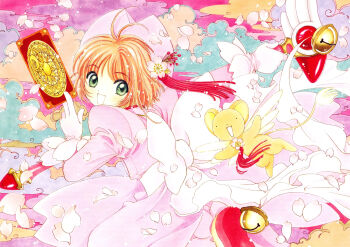 1990s_(style) 1girl absurdres antenna_hair between_fingers brown_hair card cardcaptor_sakura child clamp clow_card dress fuuin_no_tsue hat highres holding holding_card kerberos kero_(cardcaptor_sakura) kinomoto_sakura magical_girl official_art pink_hat retro_artstyle short_hair