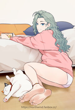 1girl absurdres ass barefoot beifeng_han blue_eyes blush cat feet green_hair grin highres long_hair looking_at_viewer original panties smile soles toes underwear