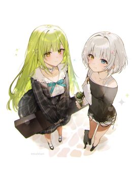 Rule 34 | 2girls, bang dream!, bang dream! it's mygo!!!!!, black boots, black shirt, blue eyes, blue ribbon, boots, cat, chromatic aberration, closed mouth, commentary, cookie, dress, food, full body, green hair, guitar case, heterochromia, highres, instrument case, kaname raana, long hair, long sleeves, looking at viewer, matcha parfait, mortis (bang dream!), mortis (persona) (bang dream!), multiple girls, neck ribbon, paw hair ornament, plaid clothes, plaid dress, raana the cat, ribbon, shirt, shoes, short hair, simple background, sleeves past wrists, sparkle, twitter username, wakaba mutsumi, white background, white hair, white shirt, white shoes, xx9106, yellow eyes