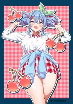 1girl blue_eyes blue_hair blue_sweater blush breasts cherry cherry_pop_(vocaloid) clothes_around_waist double_bun food fruit green_eyes hair_bun hatsune_miku long_hair long_sleeves looking_at_viewer medium_breasts multicolored_hair open_mouth red_hair red_skirt shirt simple_background skirt smile solo sweater torinokawori twintails vocaloid white_shirt