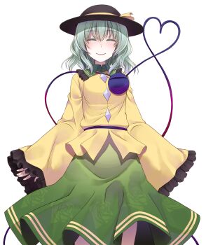 Rule 34 | 1girl, ^ ^, black hat, buttons, closed eyes, closed mouth, commentary request, cowboy shot, crote, diamond button, facing viewer, floral print, floral print skirt, frilled shirt collar, frilled sleeves, frills, green hair, green skirt, hat, hat ribbon, heart, heart-shaped pupils, heart of string, highres, komeiji koishi, large variant set, long sleeves, print skirt, ribbon, shirt, short hair, skirt, sleeves past wrists, smile, solo, standing, symbol-shaped pupils, tachi-e, third eye, touhou, transparent background, variant set, yellow ribbon, yellow shirt