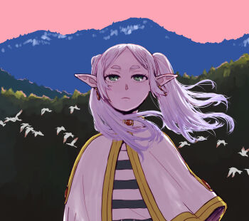 1girl bird capelet commentary_request earrings flock frieren green_eyes highres jewelry light_frown long_hair mountainous_horizon naotan outdoors shirt sousou_no_frieren striped_clothes striped_shirt twilight twintails white_capelet white_hair