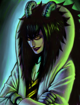 1boy absurdres black_gloves black_hair bornup caesar_clown coat commentary crossed_arms curled_horns gloves highres horns lab_coat long_hair looking_at_viewer male_focus one_piece open_clothes open_coat smile solo yellow_eyes