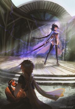 1boy 1girl aether_(genshin_impact) artist_name black_thighhighs blonde_hair blunt_bangs braid commentary couple crop_top electricity english_commentary bad_tag from_behind full_body genshin_impact gloves glowing glowing_sword glowing_weapon hair_flowing_over hair_ornament highres himaeart holding holding_sword holding_weapon japanese_clothes katana kimono kneeling long_braid long_hair looking_down mitsudomoe_(shape) musou_isshin_(genshin_impact) neck_ribbon outdoors pants powering_up purple_eyes purple_hair purple_kimono raiden_shogun red_ribbon red_sash ribbon sash scarf short_sleeves single_braid stairs standing sword thighhighs thighs tomoe_(symbol) upper_body vision_(genshin_impact) weapon