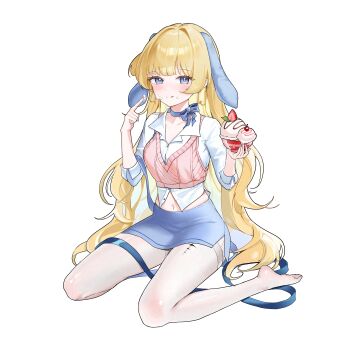 Rule 34 | 1girl, :q, absurdres, animal ears, blonde hair, blue eyes, blue ribbon, blue skirt, blush, breasts, chuvi y, closed mouth, commentary, cream, cream on face, cream on finger, crop top, english commentary, fake animal ears, food, food on face, highres, holding, holding food, holding ice cream, ice cream, long hair, looking at viewer, medium breasts, navel, neck ribbon, phoebe (wuthering waves), pink sweater, rabbit ears, ribbon, shirt, side slit, simple background, sitting, skirt, sleeveless, sleeveless sweater, smile, solo, sweater, tacet mark (wuthering waves), thighhighs, tongue, tongue out, very long hair, wariza, white background, white shirt, white thighhighs, wuthering waves