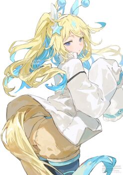 1girl ahoge animal_ears antennae blonde_hair blue_eyes blue_hair blue_leggings blush brown_shorts closed_mouth coat cocontoozai colored_inner_hair commentary_request ear_covers fake_antennae hair_between_eyes hair_ornament hairband highres horse_ears horse_girl horse_tail jacket leggings leggings_under_shorts long_hair long_sleeves looking_at_viewer multicolored_hair neo_universe_(umamusume) shorts simple_background sleeves_past_wrists solo star_(symbol) star_hair_ornament tail two-tone_hair two-tone_tail umamusume white_background white_coat white_hairband white_jacket