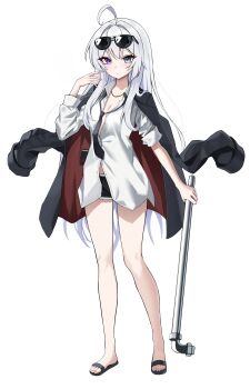 1girl absurdres ahoge black_jacket black_necktie black_sandals black_shorts breasts cleavage closed_mouth commentary commission english_commentary fingernails full_body grey_eyes hair_over_shoulder hand_up heterochromia highres holding holding_lead_pipe jacket jacket_on_shoulders jewelry lead_pipe legs long_fingernails long_hair long_sleeves looking_at_viewer multicolored_hair multicolored_jacket nail_polish necklace necktie original partially_unbuttoned purple_eyes purple_hair purple_streaks red_jacket red_nails sandals shirt short_shorts shorts simple_background solo standing streaked_hair tachi-e two-tone_hair two-tone_jacket white_background white_hair white_shirt zzirit6