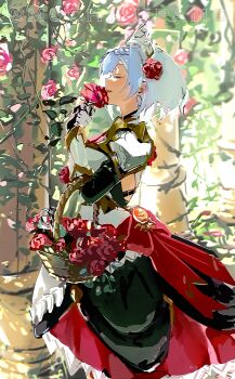 Rule 34 | 1girl, absurdres, armor, armored dress, ascot, basket, blurry, blurry background, boobplate, braid, braided bangs, breastplate, breasts, closed eyes, commentary, commentary request, day, dress, flower, from side, gauntlets, genshin impact, grey hair, hair flower, hair ornament, highres, holding, holding basket, holding flower, maid, maid headdress, mochi upamo, noelle (genshin impact), open mouth, outdoors, profile, red ascot, red dress, red flower, red rose, rose, shield hair ornament, short hair, shoulder armor, smile, solo, standing, twitter username, watermark, white hair