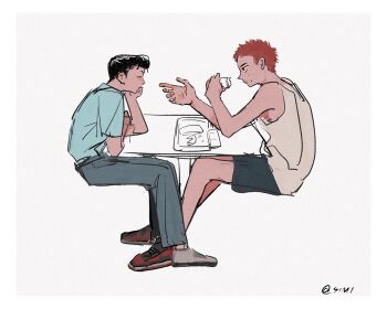 2boys bare_shoulders black_hair black_pants blue_shirt blush commentary commentary_request desk grey_shoes highres implied_yaoi mito_youhei multiple_boys pants profile sakuragi_hanamichi shirt shoes simi sitting slam_dunk_(basketball) slam_dunk_(series) symbol-only_commentary white_background