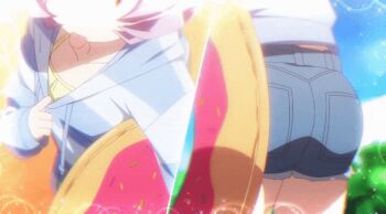 1other ambiguous_gender androgynous animated animated_gif ass bikini bikini_top_only blue_sweater collarbone from_behind green_bikini innertube komi-san_wa_komyushou_desu osana_najimi_(komi-san_wa_komyushou_desu) outdoors pink_eyes pink_hair sparkle standing striped_clothes striped_sweater sweater swim_ring swimsuit thighs tongue tongue_out