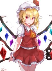 Rule 34 | 1girl, absurdres, ascot, baileys (tranquillity650), blonde hair, cowboy shot, crystal wings, dress, flandre scarlet, frilled dress, frills, hat, hat ribbon, highres, looking at viewer, mob cap, open mouth, red ascot, red dress, red eyes, red ribbon, ribbon, simple background, solo, touhou, white background, wrist cuffs