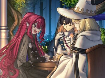 1boy 2girls aesc_(fate) aesc_(rain_witch)_(fate) baobhan_sith_(fate) baobhan_sith_(swimsuit_pretender)_(second_ascension)_(fate) black_hair black_skirt blonde_hair blue_eyes breasts capelet closed_eyes commentary_request cup detached_sleeves ear_piercing fate/grand_order fate_(series) fujimaru_ritsuka_(male) fujimaru_ritsuka_(male)_(halloween_royalty) glasses gloves grey_capelet grey_eyes hat long_hair mother_and_daughter multiple_girls one_eye_closed open_mouth piercing pink_hair pointy_ears purple_shirt revision robe round_eyewear shirt shoori_(migiha) short_hair sidelocks sitting skirt smile table tea_set teacup white_gloves white_robe wide_sleeves witch_hat