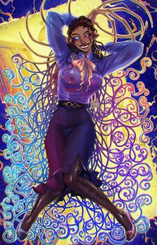 Rule 34 | 1girl, black hair, blackberreh-art, blue eyes, box braids, breasts, commentary, curly hair, dark-skinned female, dark skin, design speculation, distortion (tma), earrings, english commentary, grin, helen richardson, highres, jewelry, large breasts, light-skinned palms, lips, long hair, pointy ears, sharp teeth, shirt, skirt, smile, solo, teeth, the magnus archives