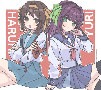 &gt;:) 2girls :d angel_beats! arm_at_side armband black_hairband black_thighhighs blue_sailor_collar blue_skirt blunt_bangs blush border brown_eyes brown_hair character_name closed_mouth commentary_request crossed_arms crossed_legs crossover eyes_visible_through_hair feet_out_of_frame green_eyes green_ribbon hair_between_eyes hair_intakes hair_ribbon hairband hand_up kita_high_school_uniform long_sleeves look-alike looking_at_viewer medium_hair miniskirt multiple_girls nakamura_yuri nanonome neckerchief open_mouth orange_hairband orange_ribbon outside_border pink_neckerchief pleated_skirt purple_hair red_armband red_background ribbon sailor_collar school_uniform serafuku shirt side-by-side sidelocks simple_background sitting skirt smile suzumiya_haruhi suzumiya_haruhi_no_yuuutsu thighhighs twitter_username v-shaped_eyebrows white_border white_shirt winter_uniform zettai_ryouiki