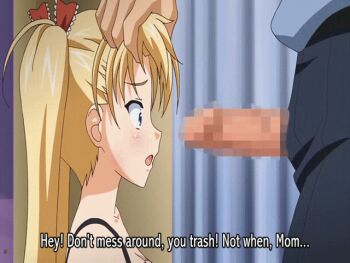 Rule 34 | 1boy, 1girl, akizuki airi, animated, animated gif, blonde hair, blue eyes, censored, constricted pupils, english text, fellatio, from side, grabbing another's hair, hair ornament, hair ribbon, hetero, holding another's hair, inseki, irrumatio, mosaic censoring, oni chichi, oral, penis, portrait, profile, ribbon, solo focus, step-parent and step-child, subtitled, tagme, twintails