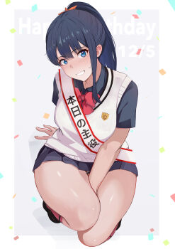 1girl absurdres arm_support between_legs black_hair black_shirt black_skirt blue_eyes border collared_shirt confetti dated grey_background gridman_universe hair_ornament hair_scrunchie hand_between_legs happy_birthday highres long_hair orange_socks pleated_skirt sash school_uniform scrunchie shee-p_(inemurisheep113) shirt short_sleeves sidelocks skirt socks solo squatting ssss.gridman sweater_vest takarada_rikka thick_thighs thighs white_border white_sash white_sweater_vest
