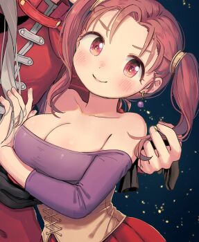 1boy 1girl absurdres bare_shoulders blush breasts brown_eyes brown_hair cleavage closed_mouth commentary_request dragon_quest dragon_quest_viii dress earrings highres jessica_albert jewelry kukuru_(dq8) large_breasts long_hair looking_at_viewer miyama_(kannsannn) shirt smile twintails