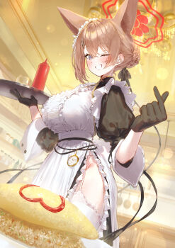 1girl absurdres alternate_costume alternate_hairstyle animal_ears apron black_dress black_gloves blue_archive blue_eyes braid brown_hair bun_with_braided_base commentary crossed_bangs dress eshineko extra_ears finger_heart fox_ears fox_girl garter_straps gloves grin hair_between_eyes hair_bun halo highres holding holding_tray looking_at_viewer maid maid_apron maid_headdress one_eye_closed puffy_sleeves red_halo rumi_(blue_archive) side_slit smile solo thighhighs tray white_garter_straps white_thighhighs