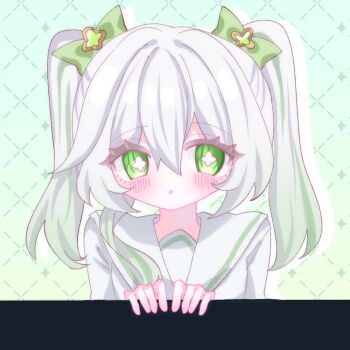 Rule 34 | 1girl, :o, alternate hairstyle, blush, bow, genshin impact, green bow, green eyes, green hair, hair between eyes, hair bow, hands up, long hair, looking at viewer, multicolored hair, nahida (genshin impact), nahida (parallels meet school) (genshin impact), ne ru ri, solo, star-shaped pupils, star (symbol), symbol-shaped pupils, twintails, upper body, white hair