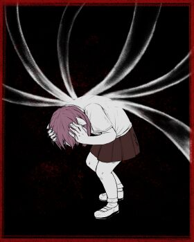 1girl black_background border commentary despair elfen_lied english_commentary full_body hands_on_own_head lucy_(elfen_lied) nightclawduke pink_hair pleated_skirt red_border shoes short_hair short_sleeves skirt socks solo vectors