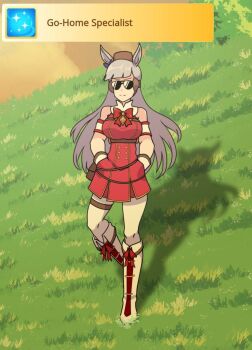 Rule 34 | 1girl, animal ears, armband, blunt bangs, bow, bowtie, breasts, brown hat, dress, ear bow, ear covers, ear ribbon, garou sliding (meme), gloves, gold ship (red strife) (umamusume), gold ship (umamusume), hat, horse ears, horse girl, horse tail, horseshoe ornament, long hair, meme, neferkitty, official art inset, pillbox hat, purple bow, red dress, solo, striped armband, striped clothes, sunglasses, tail, umamusume