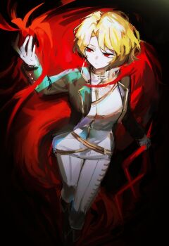 Rule 34 | 1girl, black coat, blonde hair, coat, collared shirt, commentary request, don quixote (project moon), feathers, highres, jacket, korean commentary, limbus company, long sleeves, n00xx2, pants, parted bangs, project moon, red eyes, red feathers, red fur, sancho (project moon), shirt, short hair, solo, white shirt