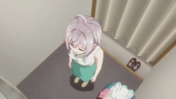 1girl ahoge alisa_mikhailovna_kujou animated ass ass_focus audible_speech bare_shoulders blue_eyes bra breasts brown_shoes cleavage clothes_lift collarbone detached_sleeves dress female_focus from_below green_skirt grey_hair hair_ribbon japanese_audio legs long_hair long_skirt medium_breasts midriff navel panties pencil_skirt red_ribbon ribbon shoes short_sleeves skirt skirt_lift sleeveless sleeveless_dress socks solo solo_focus sound stomach tagme thighs tight_skirt tokidoki_bosotto_roshia-go_de_dereru_tonari_no_alya-san underwear undressing video white_bra white_dress white_panties white_skirt white_socks