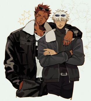 2boys absurdres alternate_hair_color alternate_skin_color arm_on_another's_shoulder belt black-framed_eyewear black_belt black_jacket black_nails black_pants black_shirt blue-tinted_eyewear blue_eyes bomber_jacket bridge_piercing collarbone colored_eyelashes commentary crew_cut cropped_legs crossed_arms ear_piercing english_commentary eyebrow_cut eyebrow_piercing eyewear_on_head face_piercing facial_tattoo fur-trimmed_jacket fur_trim gojou_satoru grey-framed_eyewear grey_jacket hair_between_eyes hand_in_pocket height_difference highres jacket jewelry jujutsu_kaisen labret_piercing leather leather_jacket light_smile looking_at_viewer male_focus multiple_boys multiple_rings neck_tattoo open_clothes open_jacket ornate_ring outline pants piercing red_eyes red_hair ring ryoumen_sukuna_(jujutsu_kaisen) shirt short_hair silver_ring sketch_inset snakebite_(piercing) star_(symbol) star_symbol_background sunglasses t-shirt tattoo tinted_eyewear to_0fu turtleneck white_eyelashes white_hair white_shirt yellow_outline zipper