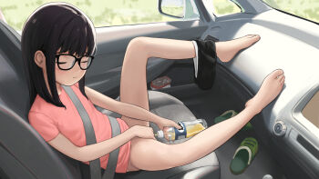 1girl barefoot black_hair car_interior closed_eyes feet glasses handheld_game_console highres kuroshiro00 loli long_hair panties panties_around_leg pee peeing peeing_in_bottle plastic_bottle seatbelt shirt short_shorts shorts shorts_around_one_leg t-shirt toes underwear unworn_panties unworn_shorts