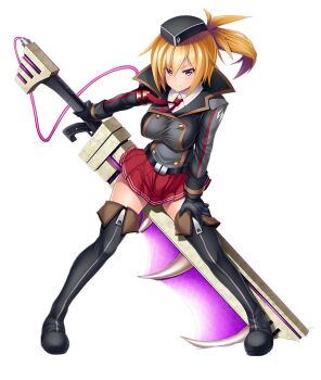 Rule 34 | 1girl, asahi (fullmetal madness), black boots, black gloves, blonde hair, boots, breasts, buttons, donna burroughs, double-breasted, full body, garrison cap, gloves, hand on own leg, hat, highres, holding, holding sword, holding weapon, huge weapon, large breasts, official art, ponytail, purple eyes, red skirt, second-party source, shirt, skirt, solo, sword, taimanin (series), taimanin asagi kessen arena, weapon, white background, white shirt, zipper footwear