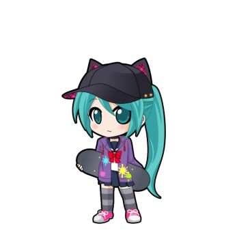 Rule 34 | 1girl, animal ears, animal hat, aqua eyes, aqua hair, baseball cap, black hat, black outline, blue sailor collar, blue skirt, blush, bow, bowtie, cat hat, chibi, chibi only, fake animal ears, full body, game asset, grey thighhighs, hair between eyes, hat, hatsune miku, hatsune miku graphy collection, holding, holding skateboard, hood, hood down, hooded jacket, jacket, light frown, long hair, looking at viewer, open clothes, open jacket, outline, pink shoes, pleated skirt, ponytail, purple jacket, red bow, red bowtie, sailor collar, school uniform, serafuku, shirt, shoes, skateboard, skirt, sneakers, solo, splatter print, standing, striped clothes, striped thighhighs, thighhighs, transparent background, very long hair, vocaloid, white shirt