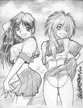 1990s_(style) 1999 2girls adam_warren alternate_hair_length alternate_hairstyle arm_behind_head ass clothes_lift crop_top dirty_pair greyscale grin highres kei_(dirty_pair) long_hair looking_back midriff miniskirt monochrome mullet multiple_girls one_eye_closed panties retro_artstyle school_uniform signature sketch skirt skirt_lift smile spiked_hair traditional_media underwear yuri_(dirty_pair)