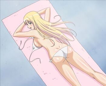 1girl anime_screenshot ass backboob bikini blonde_hair blush breast_press breasts date_wingfield_reiko fault!! green_eyes highres large_breasts long_hair looking_back lying on_stomach open_mouth stitched sunbathing swimsuit thighs third-party_edit topless_female towel untied_bikini white_bikini