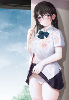 1girl black_hair blue_eyes blush breasts closed_mouth cloud cloudy_sky collared_shirt commentary_request covered_erect_nipples glasses hair_ornament kozue_akari long_hair medium_breasts nipples original outdoors panties pleated_skirt rain school_uniform see-through_clothes see-through_shirt shirt short_sleeves sidelocks skirt sky solo standing underwear wet wet_clothes wet_shirt white_panties white_shirt