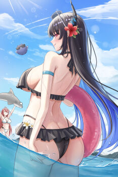Rule 34 | 2girls, absurdres, almonxtea, alternate costume, arm strap, ass, asymmetrical horns, bikini, black bikini, black hair, blue hair, blue sky, breasts, butt crack, cloud, colored inner hair, commentary, contrail, day, elizabeth rose bloodflame, english commentary, eyewear on head, flower, frilled bikini, frills, from behind, grin, hair flower, hair ornament, halterneck, highleg, highleg bikini, highres, holding, holding swim ring, hololive, hololive english, horns, innertube, jailbird (nerissa ravencroft), large breasts, long hair, looking at viewer, looking back, median furrow, multi-strapped bikini bottom, multicolored hair, multiple girls, nerissa ravencroft, outdoors, purple eyes, red hair, sideboob, sidelocks, sky, smile, solo focus, sunglasses, swim ring, swimsuit, uneven horns, very long hair, virtual youtuber, wading, water, wet, white bikini
