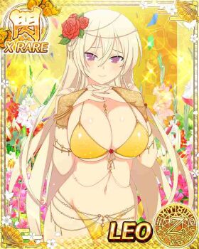 Rule 34 | 1girl, aquarius (symbol), aries (symbol), belly chain, between breasts, bikini, blonde hair, blush, border, breast suppress, breasts, bridal gauntlets, cancer (symbol), capricorn (symbol), card (medium), character name, cleavage, closed mouth, confetti, dodecagram, flower, flower request, gemini (symbol), gold bikini, groin, hair between eyes, hair chain, hair flower, hair ornament, interlocked fingers, jewelry, large breasts, leaf, leaf hair ornament, leo (senran kagura), leo (symbol), libra (symbol), linea alba, long hair, looking at viewer, micro bikini, navel, official art, pink flower, pisces (symbol), plant, purple eyes, red flower, red rose, rose, sagittarius (symbol), school emblem, scorpio (symbol), senran kagura, senran kagura new wave, smile, solo, sparkle, strap between breasts, swimsuit, taurus (symbol), underboob, very long hair, virgo (symbol), white flower, yellow bridal gauntlets, zodiac wheel