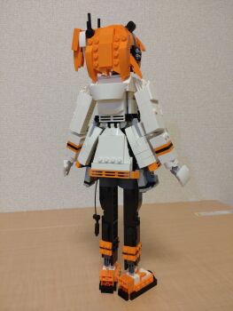 Rule 34 | 1girl, a.i. voice, adachi rei, black leggings, cable, choroli (chorolin), from behind, gloves, hair ribbon, highres, hood, hood down, hooded jacket, jacket, leggings, lego (medium), long sleeves, medium hair, one side up, orange hair, orange shoes, radio antenna, ribbon, shoes, solo, standing, unconventional media, utau, white gloves, white jacket, white ribbon